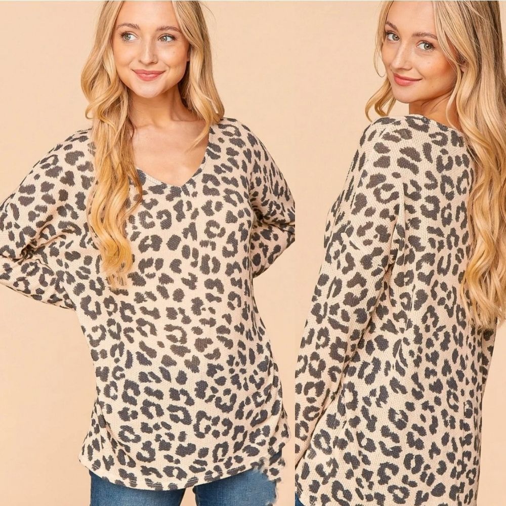 Cream And Charcoal V-Neck Animal Print Top